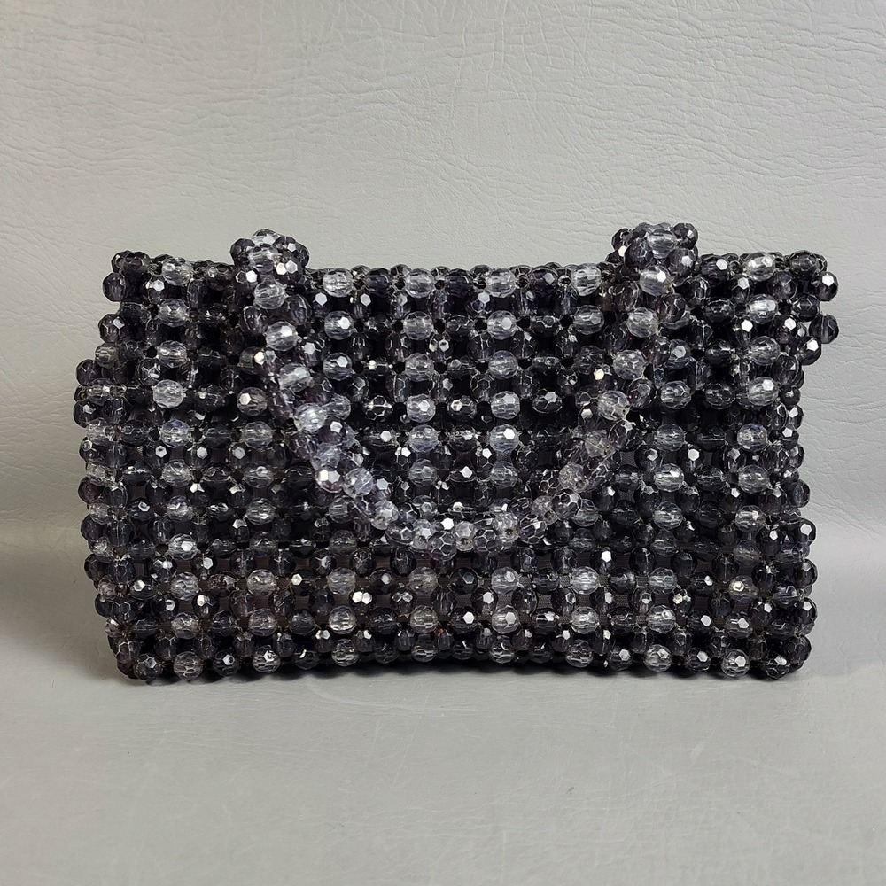 Vintage Crystal Beaded Purse Fauceted Beads Smoke Gray Hong Kong 60s Handmade